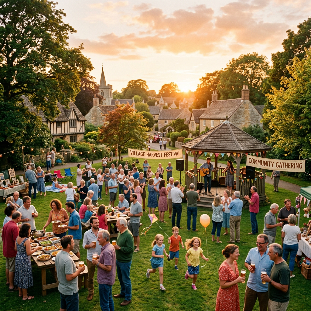 Crowd of people socializing and children playing at village harvest festival with live music
